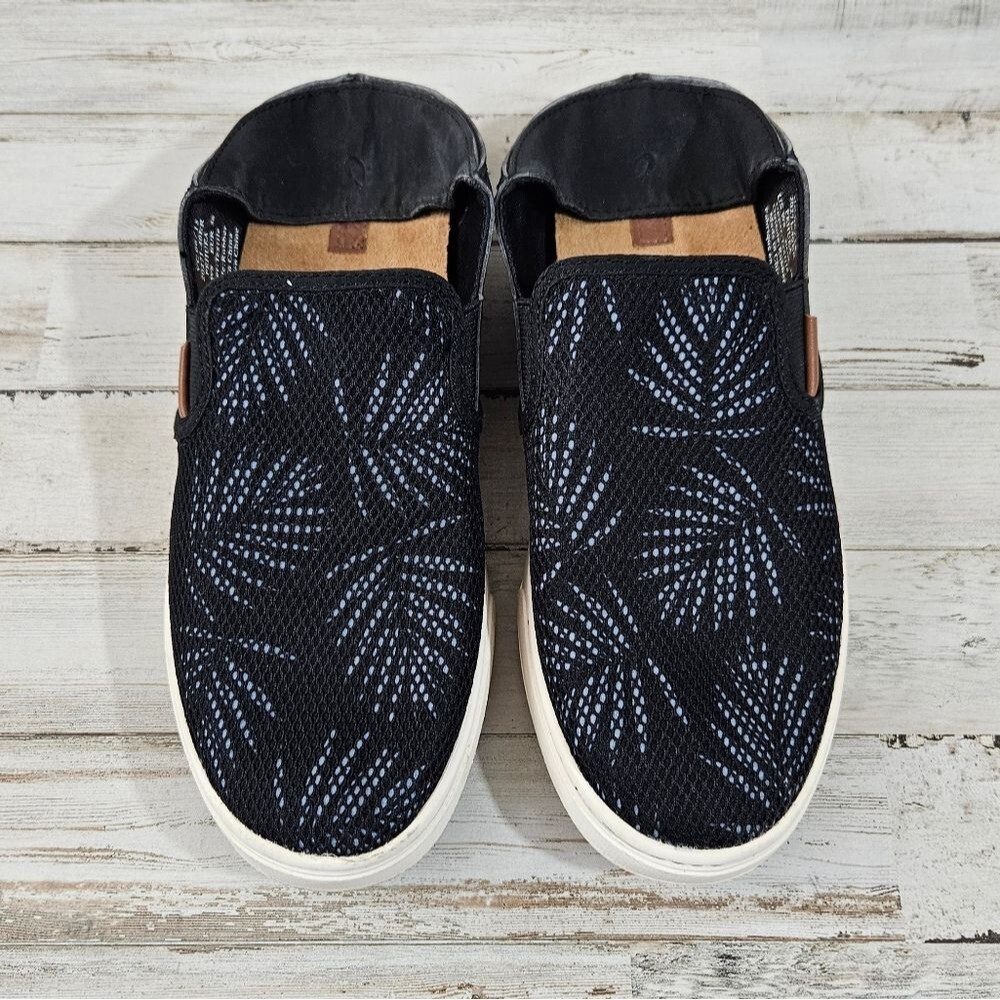 Olukai Pehuea Black Palm Breathable Slip On Shoes